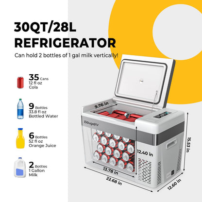 BougeRV 12 Volt Refrigerator With Cover 12V Car Fridge 30 Quart Portable Freezer Compressor Cooler Compressor Freezer, 12/24V DC 110~240V AC, -8℉~50℉ for Truck RV SUV