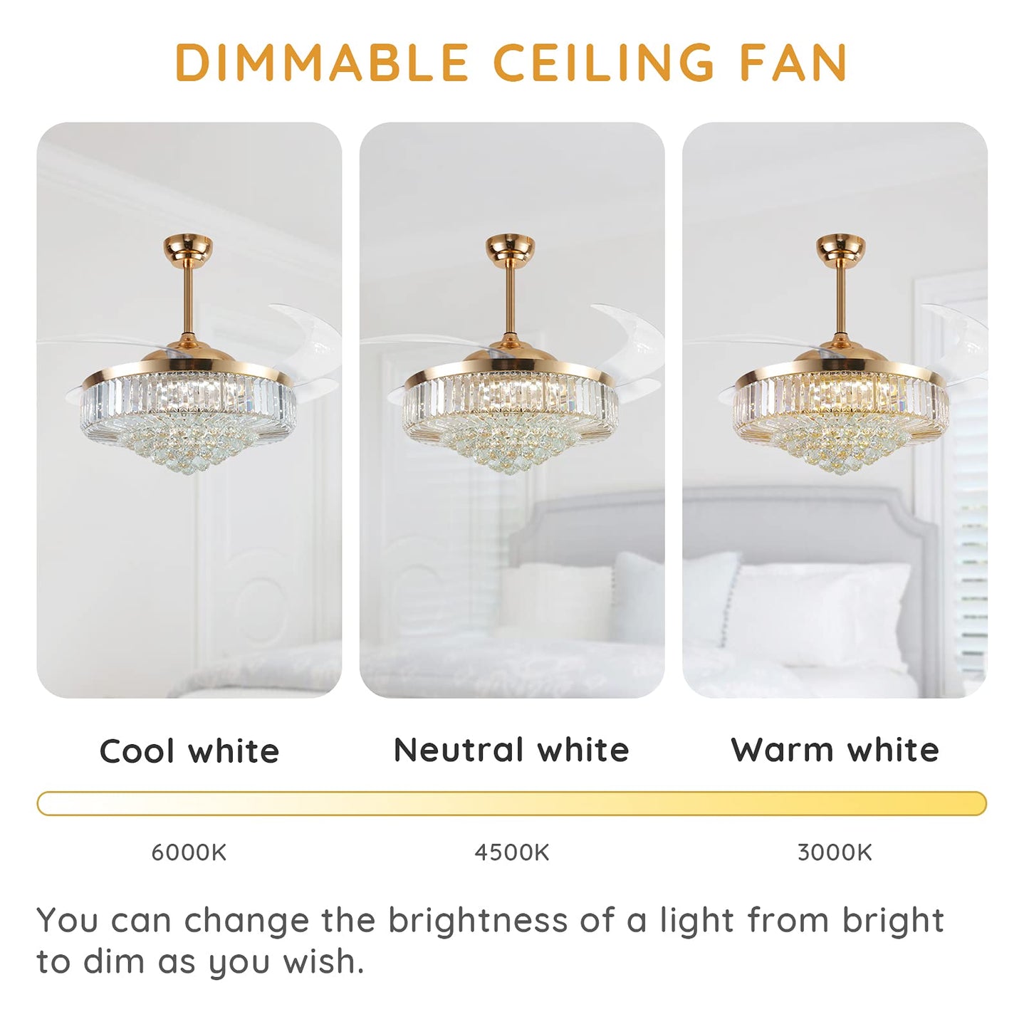 MOOONICHE 52 Inch Crystal Ceiling Fan with Light and Remote Modern Dimmable Fandelier Invisible Retractable Chandelier Fan Gold for Bedroom Living Room