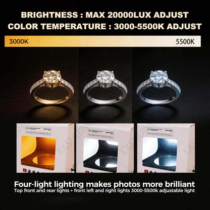 EXSHUING Jewelry Hanging Photography Kit, Product Photography Box – 360° Rotating & Hanging Support, 4 Led Fill Lights, Dimmable Brightness, 3000-5500k, 1kg/2.2lbs Turntable, Rings, Necklaces(TB30)
