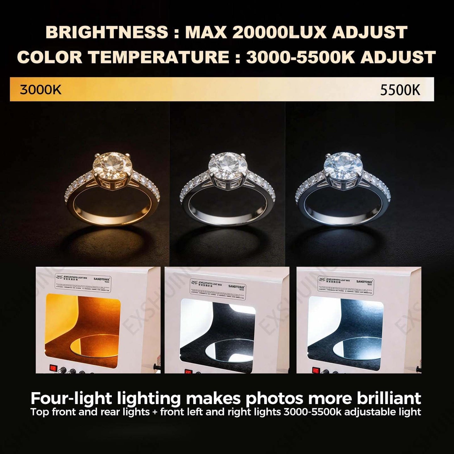 EXSHUING Jewelry Photography Light Box with Turntable, Dimmable Led Photo Tent – 360° Auto-Rotation, 1kg/2.2lbs Load, Hanging Bracket Included, 3000-5500k, CRI>92%, for Stunning Gemstone & Gold(TB30)
