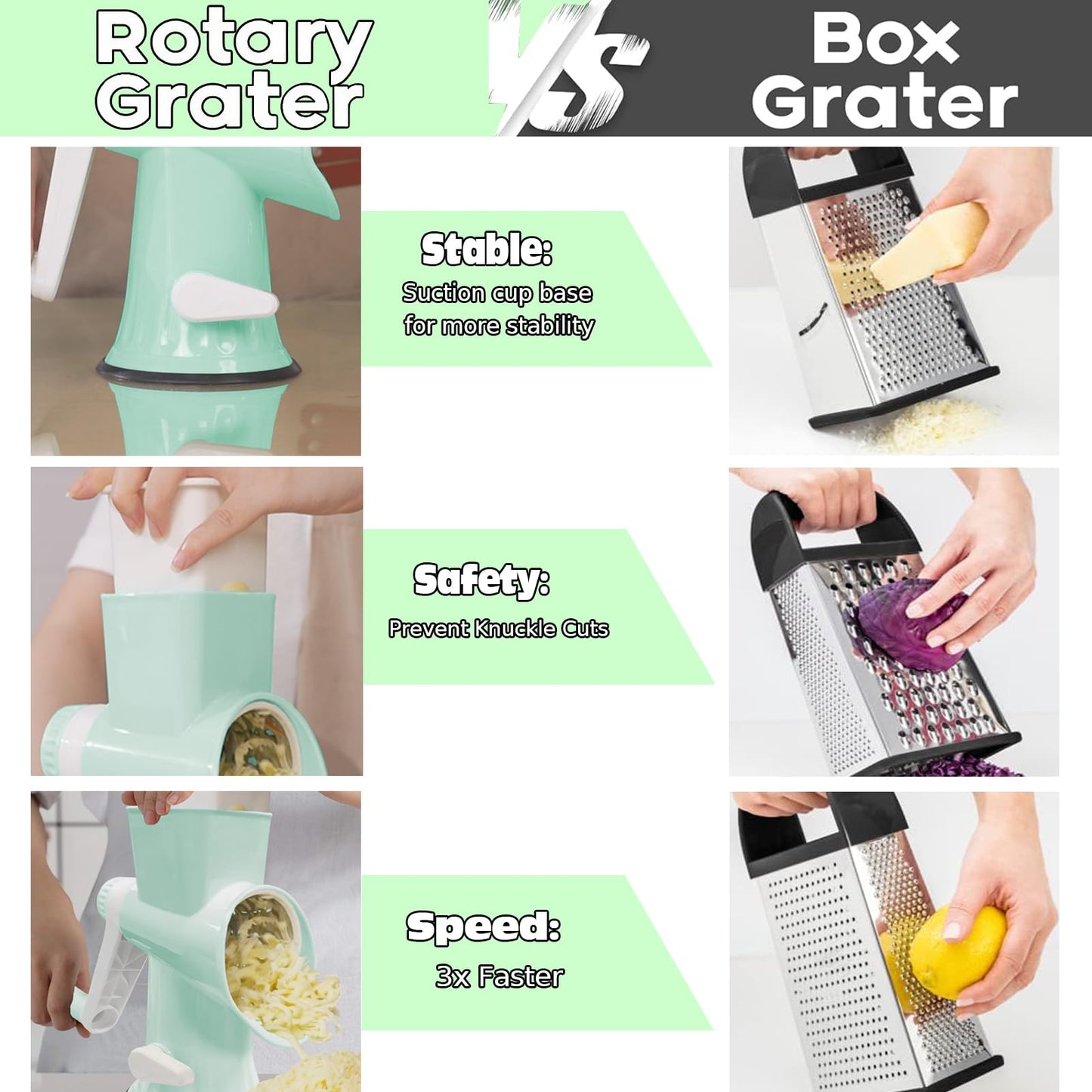 Cheese Grater with Handle,Multifunctional Rotary Cheese Grater,Kitchen Cheese Shredder Can Easily Chop Vegetables,Potatoes,Carrots,Etc.The Suction Cup is Stable and Easy to Clean (light green)
