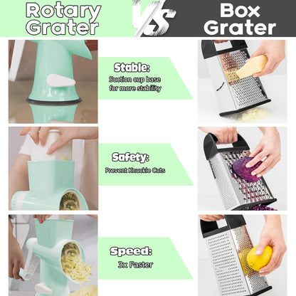 Cheese Grater with Handle,Multifunctional Rotary Cheese Grater,Kitchen Cheese Shredder Can Easily Chop Vegetables,Potatoes,Carrots,Etc.The Suction Cup is Stable and Easy to Clean (light green)