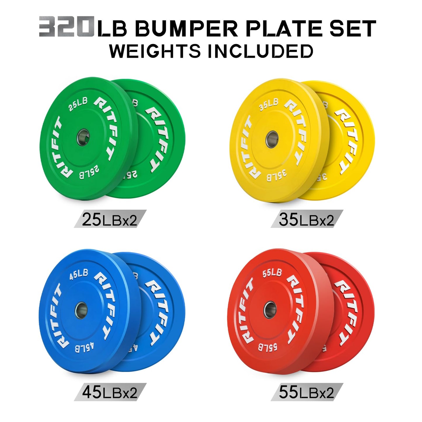 RitFit Color Coded Bumper Plate, Olympic Bumper Plate for Barbell, 2-Inch Bumper Weight Plates With Steel Insert, rubber weight plates for Strength Training in Home Gym, 320LB Set