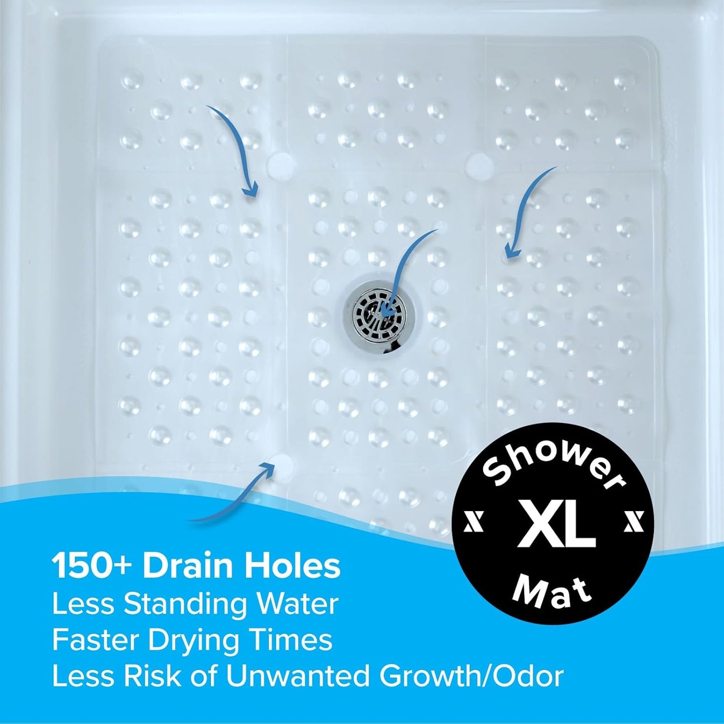SlipX Solutions 27" Oversize Square Shower Mat - Non-Slip Mat for Elderly & Kids, Machine Washable, White Pearl