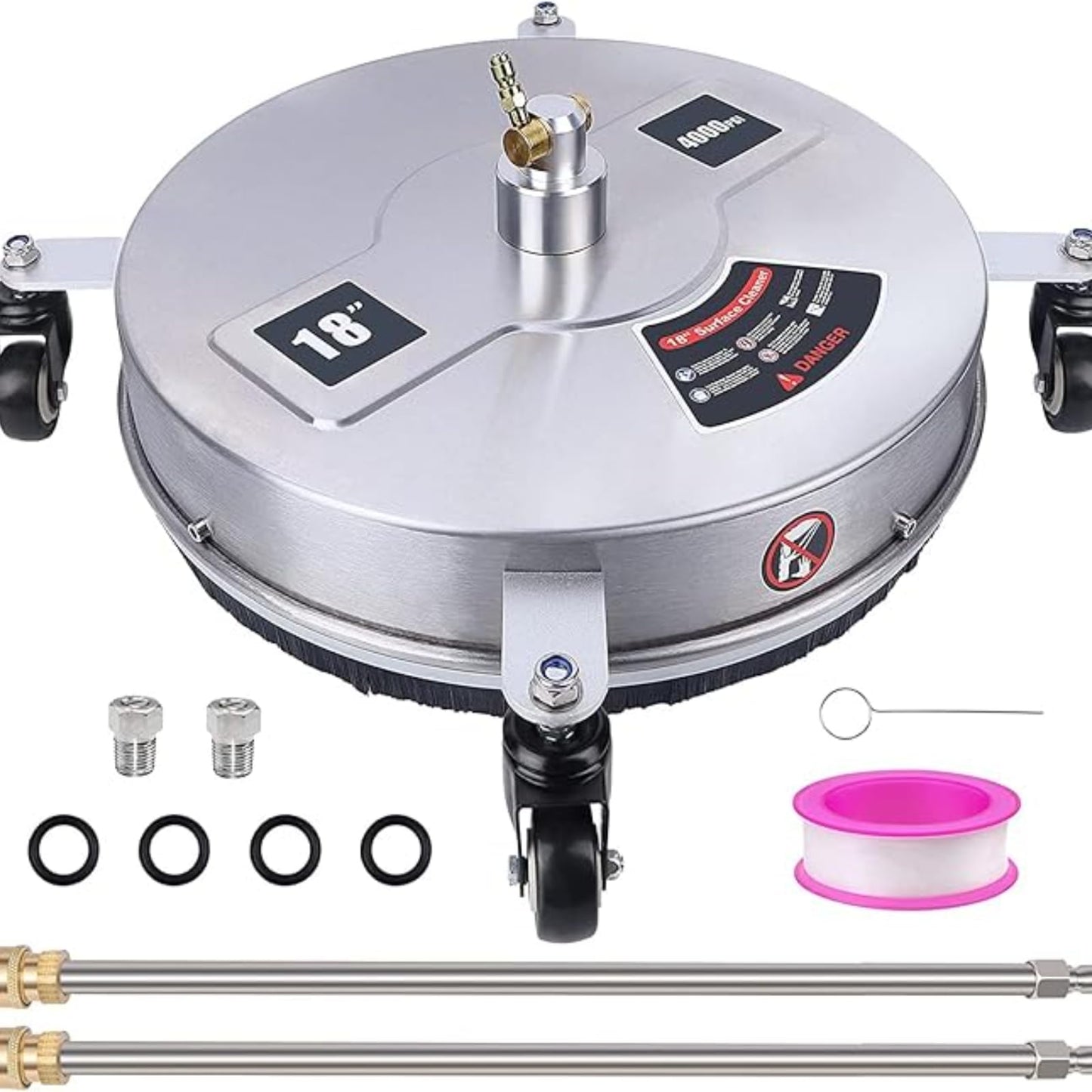 TRELVEX 16.5" Pressure Washer Surface Cleaner with 4 Wheels, Stainless Steel Housing & 1/4" Quick Connector, Power Washer Attachment with 2 ExWands, 2 Replacement Nozzles, 4000 PSI
