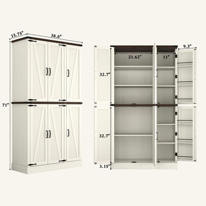 Hlivelood 71" Tall Kitchen Pantry,Farmhouse Storage Cabinet with Barn Doors,Organizer,Rustic Wood Cupboard,Farmhouse Pantry Cabinet for Kitchen,Dining Room,Living Room(Rustic White)
