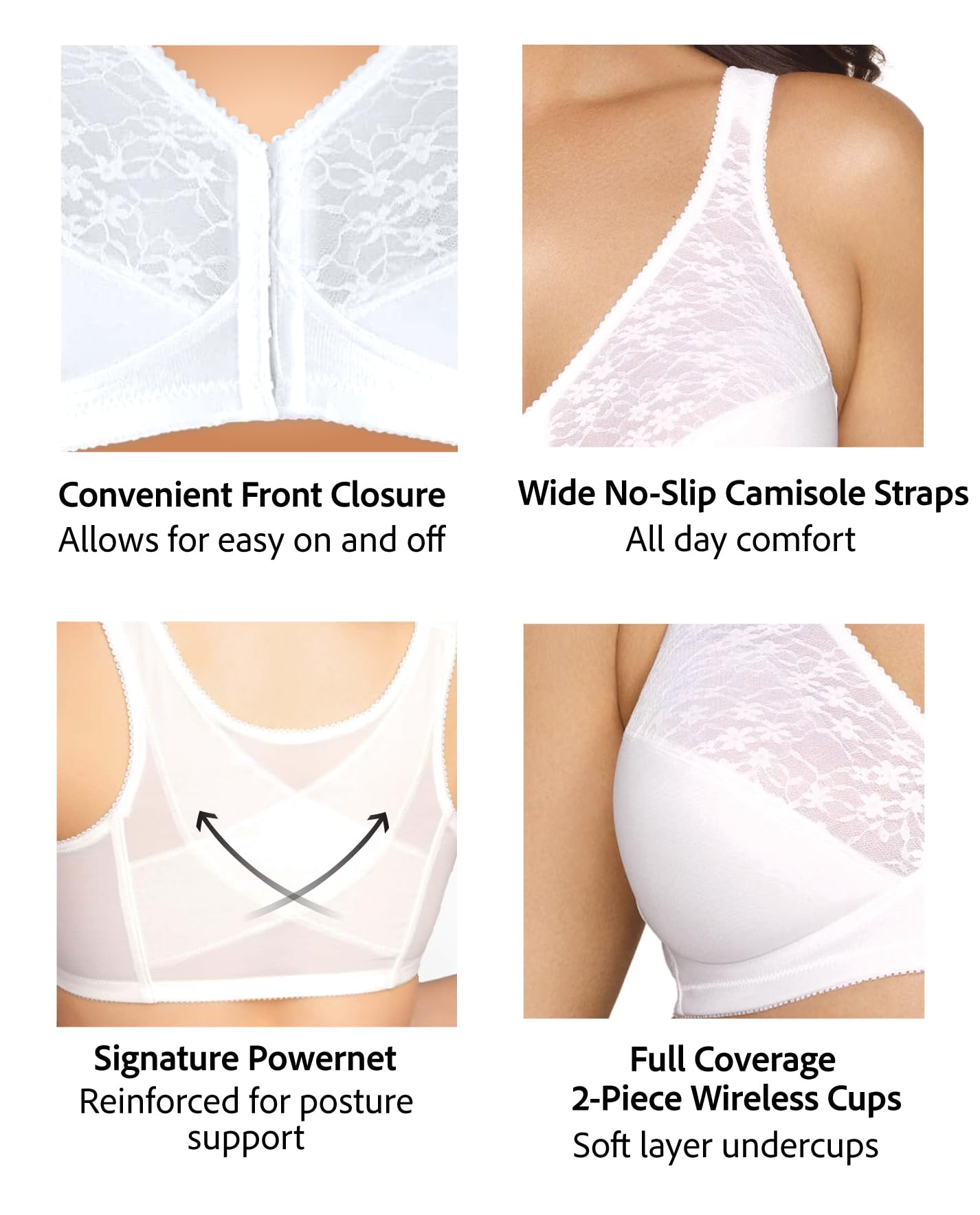 Exquisite Form womens FULLY Lace Wireless Back Posture Support Front Closure Bra, White, 34B