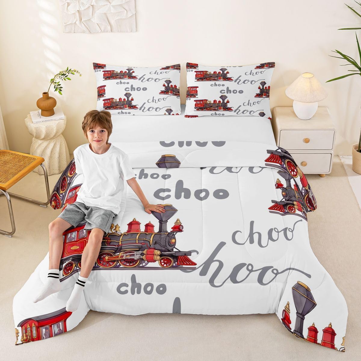 Set Set Set Set 1 Feelyou Cartoon Car Bedding Kids Train Comforter Boys Girls Choo-Choo Rail Roads Tracks Decor