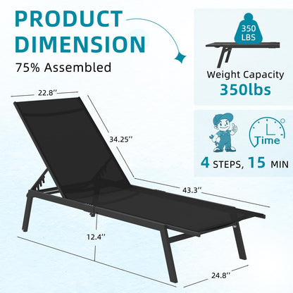 AECOJOY Patio Lounge Chairs for Outside, Adjustable Outdoor Chaise Lounge with Wheels and Adjustable 5-Position Recliner for Pool, Beach, Backyard, Deck, Lawn, Black, 4PCS