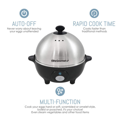 Elite Gourmet EGC-508 Rapid Egg Cooker, 7 Easy-To-Peel, Hard, Medium, Soft Boiled Eggs, Poacher, Omelet Maker, Auto Shut-Off, Alarm, 16-Recipe Booklet, Stainless Steel