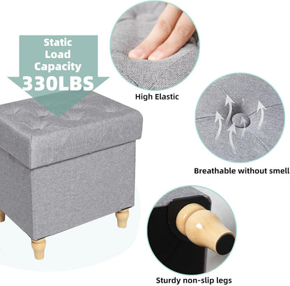 15"x12.6"x15.4 CAROLMADE Folding Storage Ottoman Cube Linen Footstool with Wood Legs Ottoman Footrest for Living Room