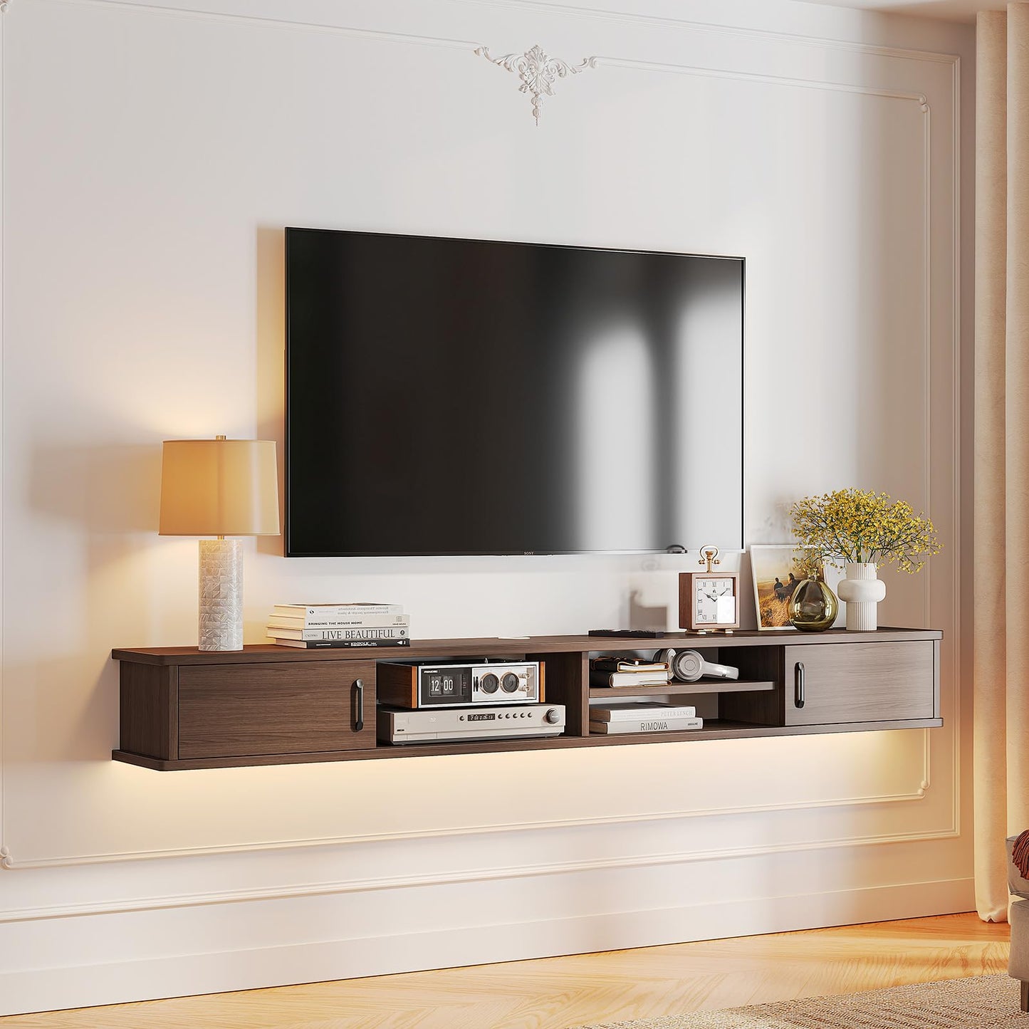 FurniNova Floating TV Stand,66'' Wall Mounted TV Console,Floating TV Shelf,Wall TV Cabinet,Floating Entertainment Shelf,Walnut