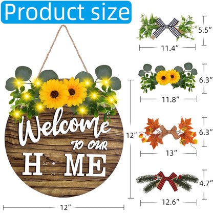 Interchangeable Welcome Home Sign, Front Door Decor With 4 Seasonal Wreaths and 21 Changeable Icons, Rustic Wood Wall Porch Hanger for Holiday Halloween Christmas Housewarming Gift (Brown)