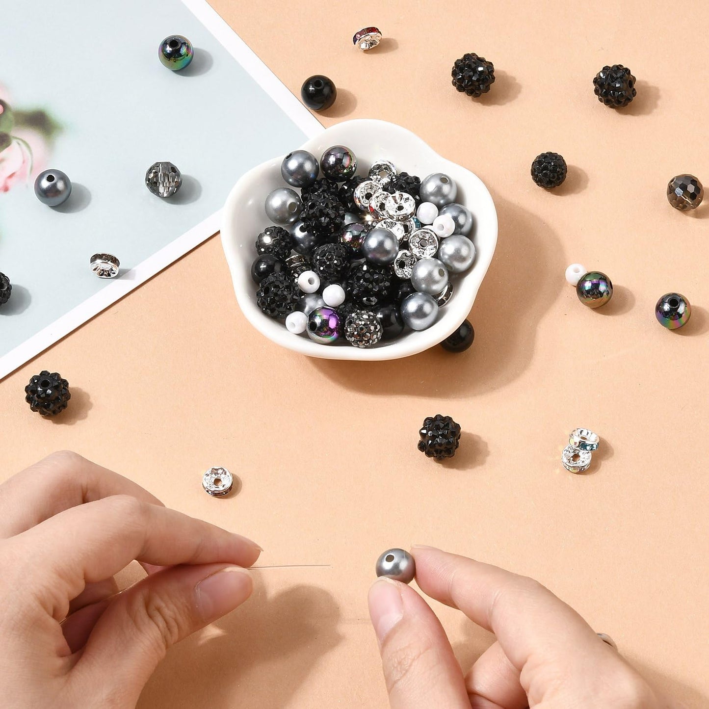 KitBeads 200 Pcs Black DIY Beads Findings Kits Brass Rhinestone Polymer Clay Bubble Rondelle Beads for DIY Craft Jewelry Making Bracelets Earring Keychains Pens Crafts