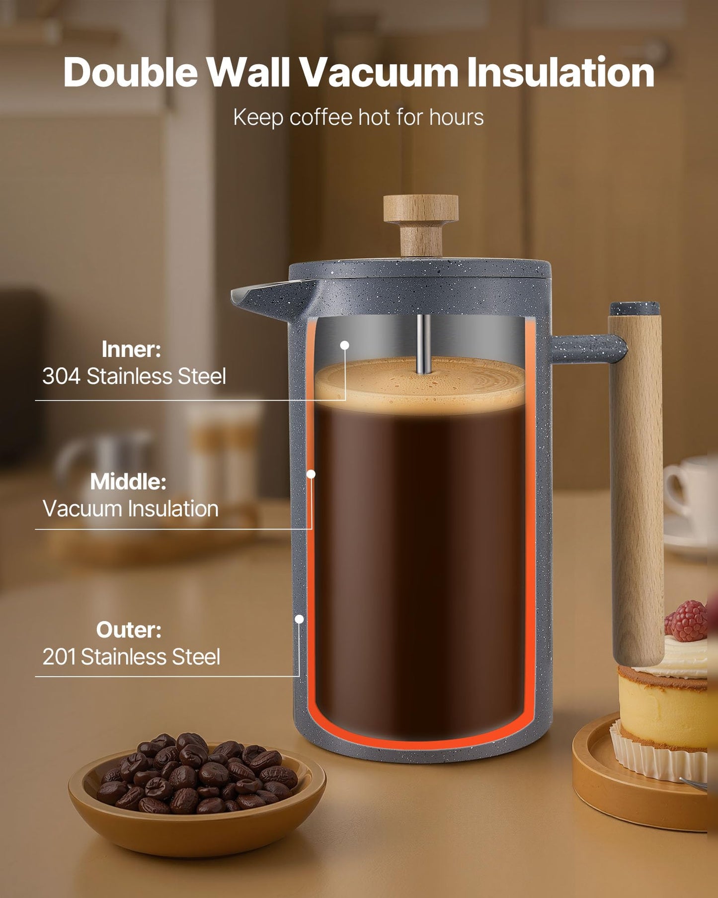 VEVOR French Press Coffee Maker, 34 Ounce 1 Liter Stainless Steel Coffee Press Tea Maker with Filter, Large Double Wall Insulated French Presses Cold Brew for Camping Travel Home Kitchen, Black