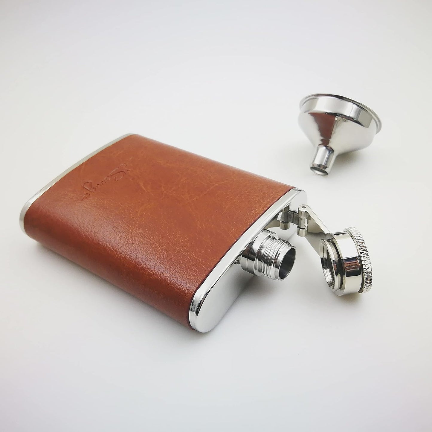 3oz Brown Red Leather Wrapped Hip Flask with Funnel, 18/8 Stainless Steel (YM102)