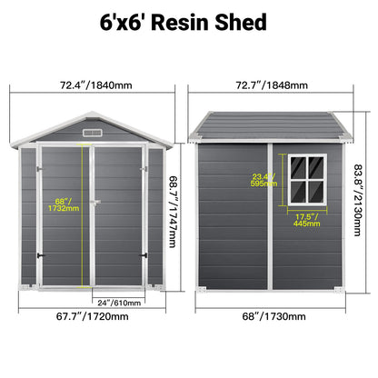 YOPTO 6x6 FT Storage Shed,Plastic Outdoor Storage Shed with Floor and Lockable Door,Waterproof Garden Shed W/Windows & Vents,Sloped Roof,Tool House for Storing Bicycles,Lawnmowers,Gray