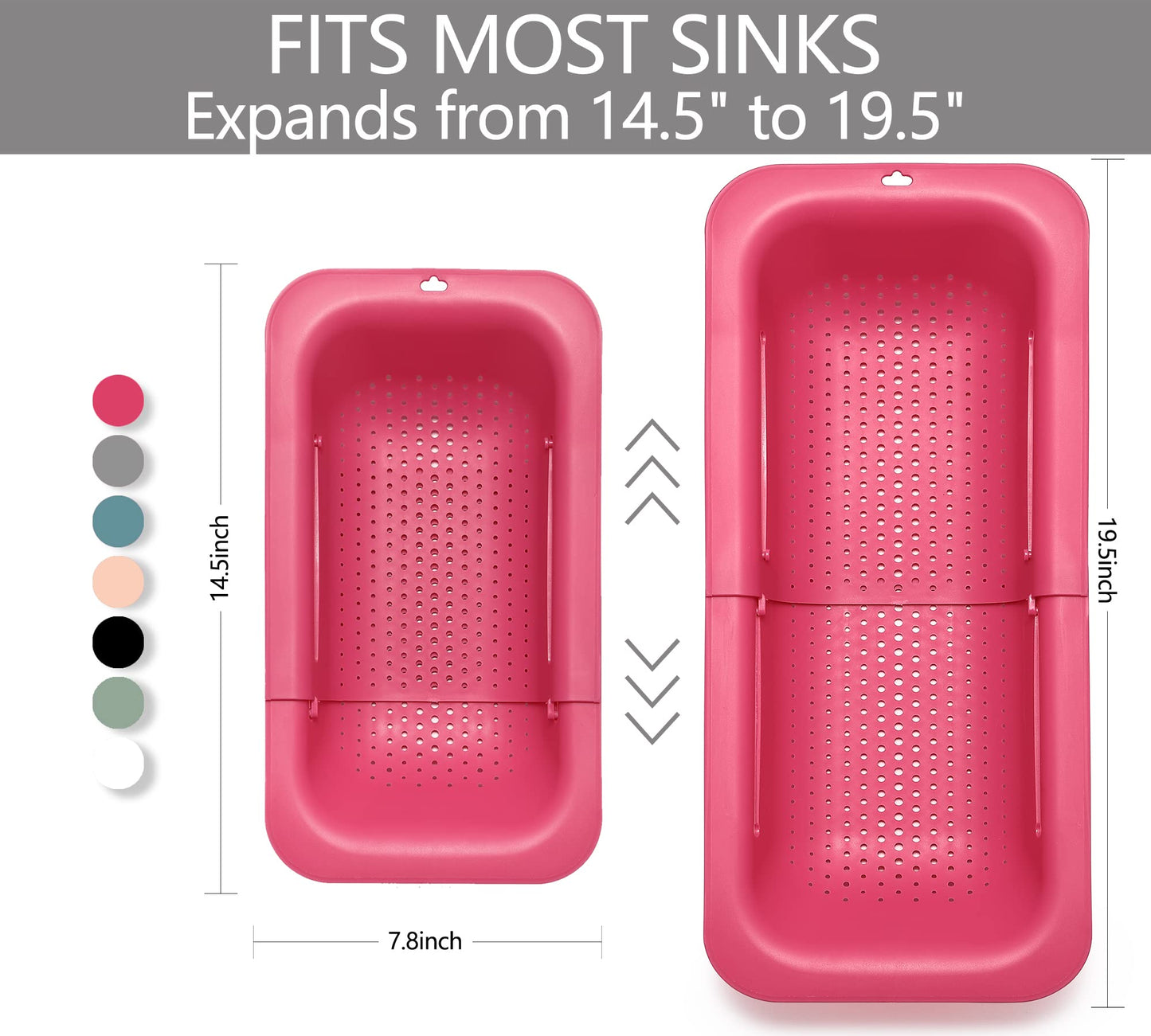 Over the Sink Strainer Basket for Kitchen, Vegetables, Fruits, Pasta Collapsible Colander, 14.5"-19.5", Brilliant Rose, Dishwasher Safe