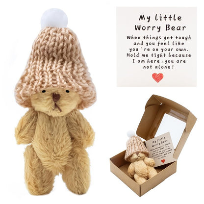KCMOSGI Mini Worry Bear with A Hat, Positive Mini Bears, Little Worry Bears in A Box with Encouragement Little Card, Soft Handmade Pocket Bear for Lovers, Family, Friend