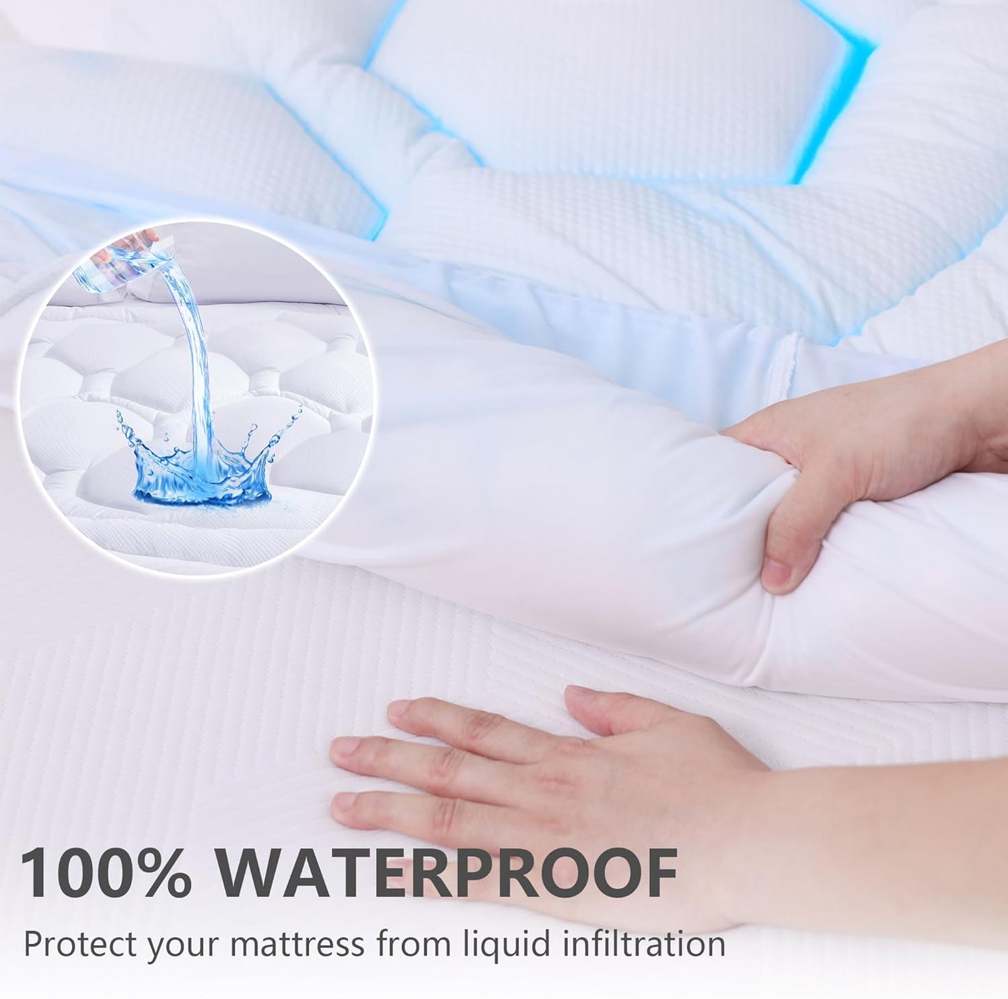Queen Mattress Protector Waterproof, Hotel Quality Cooling Quilted Fitted Pad Topper with Deep Pocket 8-21”, White