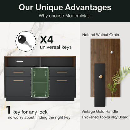 ModernMate 4 Drawer File Cabinet, Wood Filing Cabinet for Home Office with Lock, Power Strip, Storage Shelves, Home Office Lateral File Storage Fits A4/Letter Size, Black Walnut
