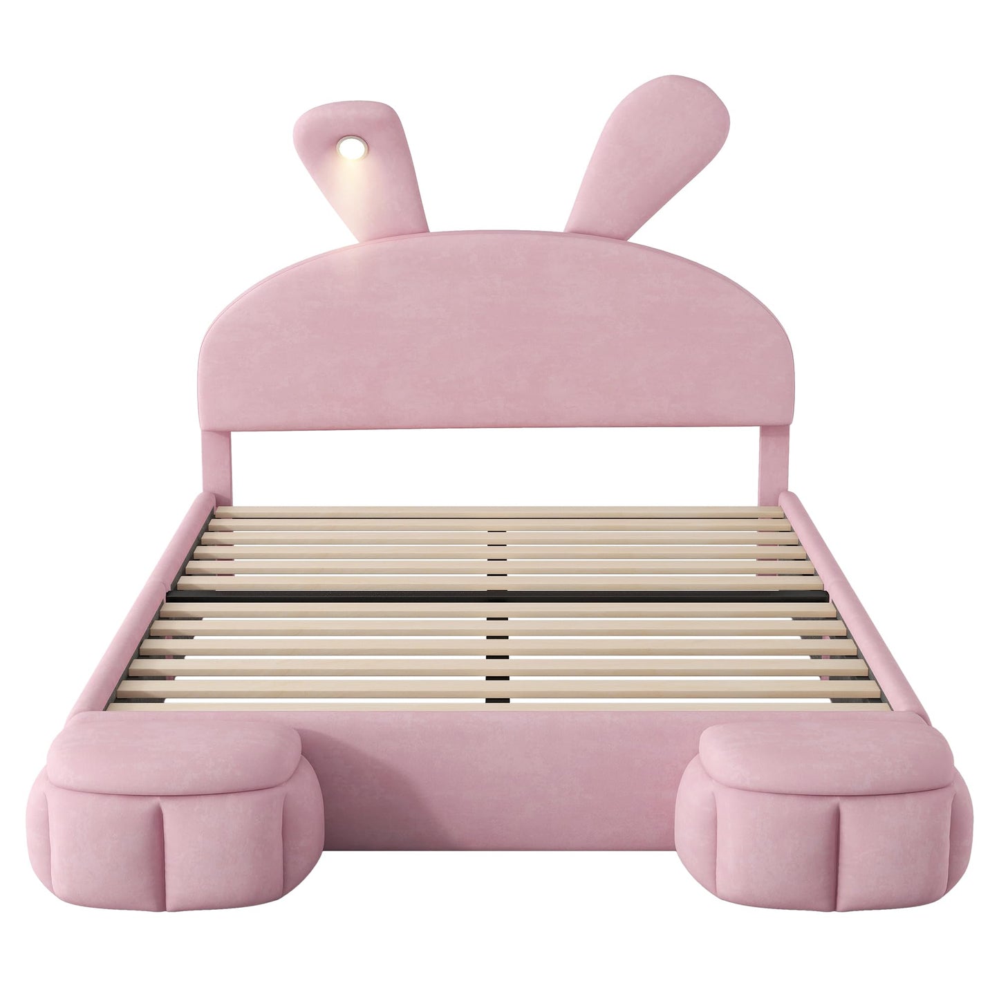 Merax Full Size Upholstered Platform Bed, with 2 Storage Stools, Cute Cartoon Ears Shaped Headboard, with a LED Light, Pink