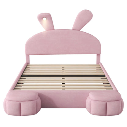 Merax Full Size Upholstered Platform Bed, with 2 Storage Stools, Cute Cartoon Ears Shaped Headboard, with a LED Light, Pink