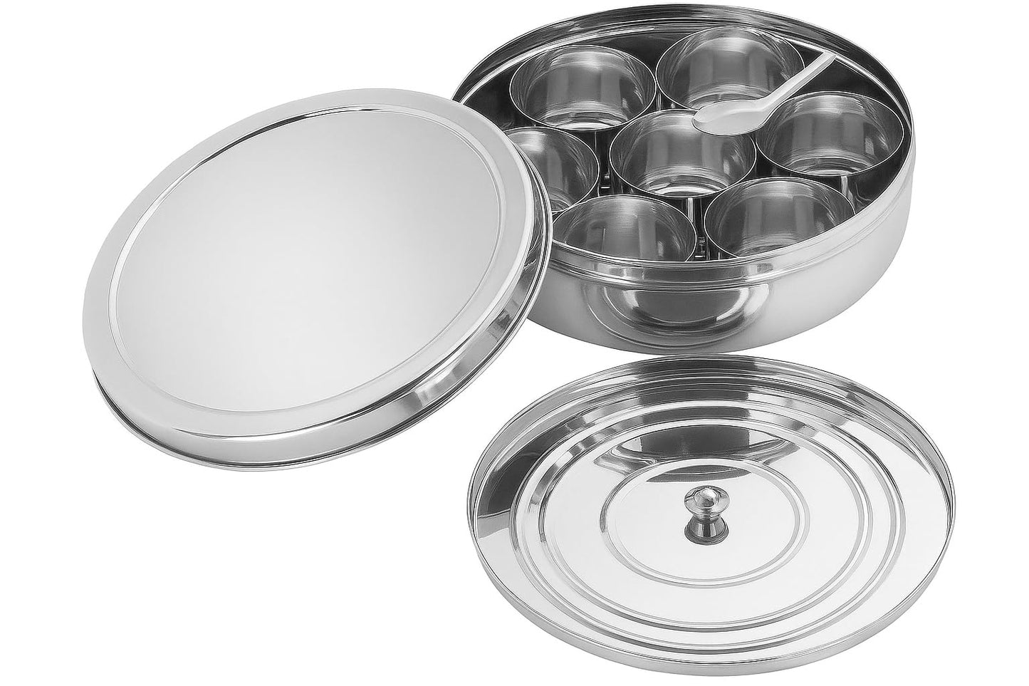 JANASIN Spice Organizer Stainless Steel Masala Dabba, 7 Compartment Indian Spice Box with Lid, Round Kitchen Container