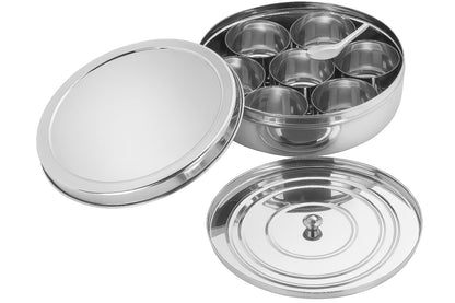 JANASIN Spice Organizer Stainless Steel Masala Dabba, 7 Compartment Indian Spice Box with Lid, Round Kitchen Container