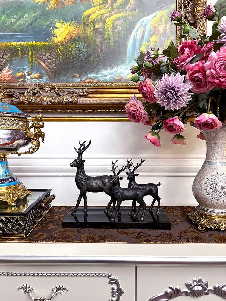 interoknack Luxury Bronze Deer Figurine with Marble Base – Decorative Sculpture for Living Room, Villa Entryway, Office Bookshelf