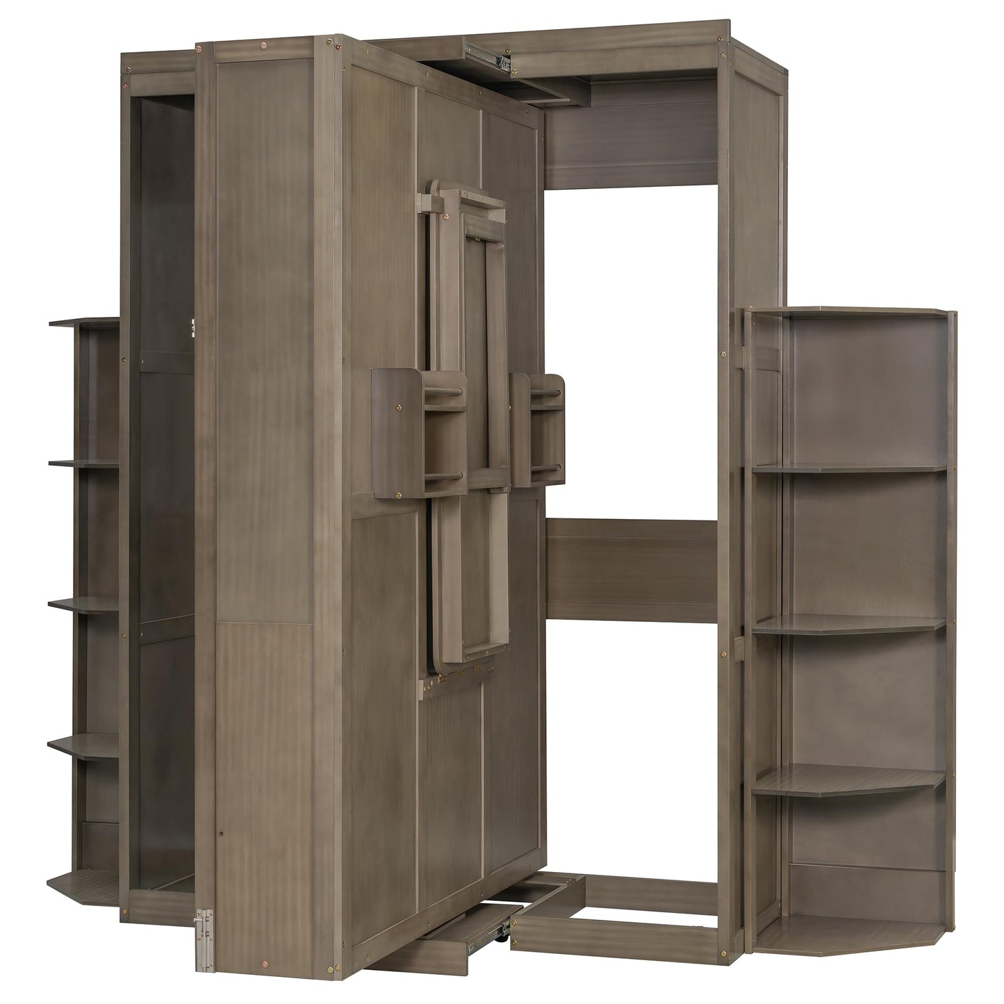 DNYN Rotating Queen Size Murphy Bed Frame with Foldable Desk and Hidden Wall Cabinet for Guest/Study Room, Space-Saving Foldable Wall Bed with Extra Storage Racks, No Box Spring Needed