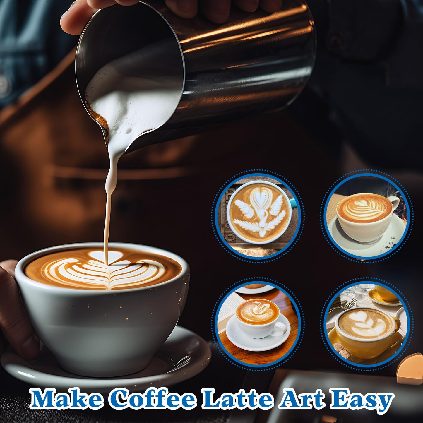 Dandat 4 Pcs Milk Frothing Pitcher 12 oz Espresso Steaming Pitcher Milk Frother Cup with Latte Art Pen Stainless Steel Coffee Bar Espresso Machine Accessories Cappuccino Barista Tools