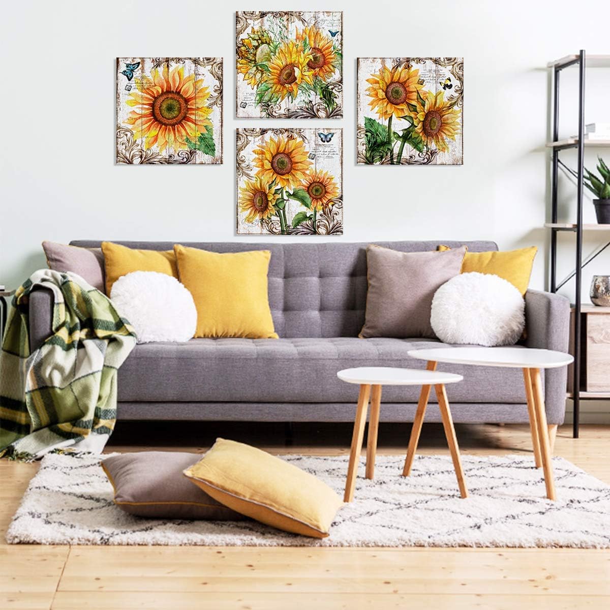 Sunflower Wall Art Bathroom Decor - Rustic Kitchen Yellow Flower Canvas Prints, 12x12" 4Pcs