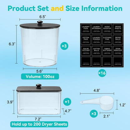 SACIOVEE Laundry Pods Container & Dryer Sheet Holder, Laundry Room Organization and Storage Jars with Lids, Labels & Scoops for Powder Detergent Scent Booster, Black Lid