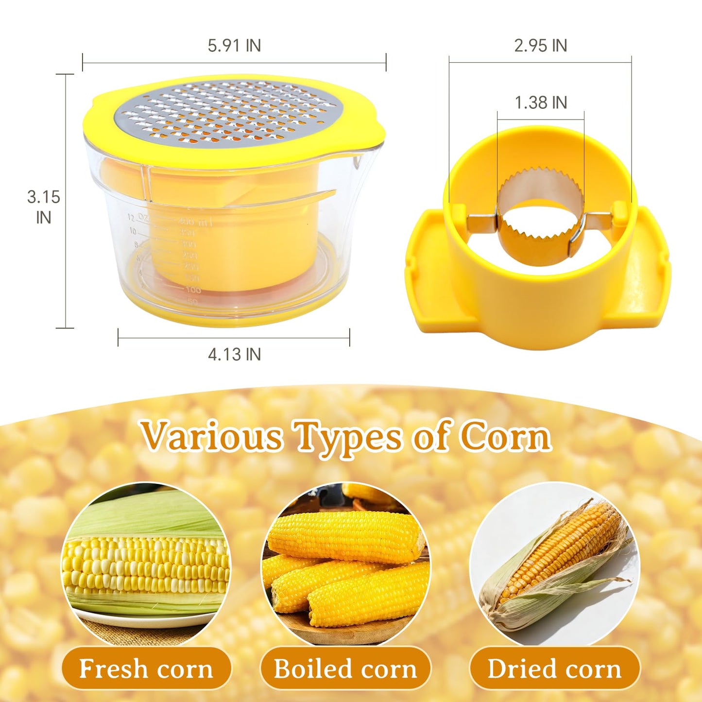 Corn Cob Stripper and Peeler Tool with Bowl, Multifunction Quick Corn Kernel Cutter Set with Grinder, Fast Kernel Peeler for Corn on The Cob, Non-Slip Base for Kitchen