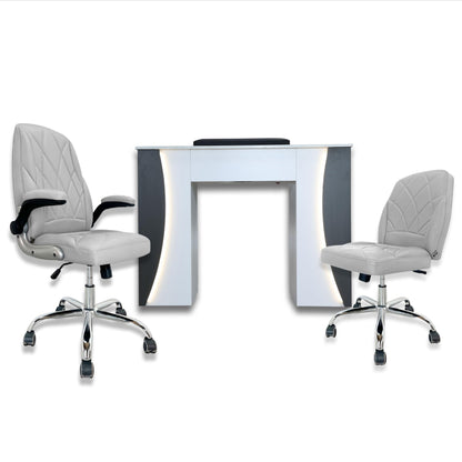 Venus Manicure Table Fan and Chair Set – Modern LED Nail Station Desk with Technician & Customer Chair, Ergonomic Design, Black & White Finish (Espresso, Grey)