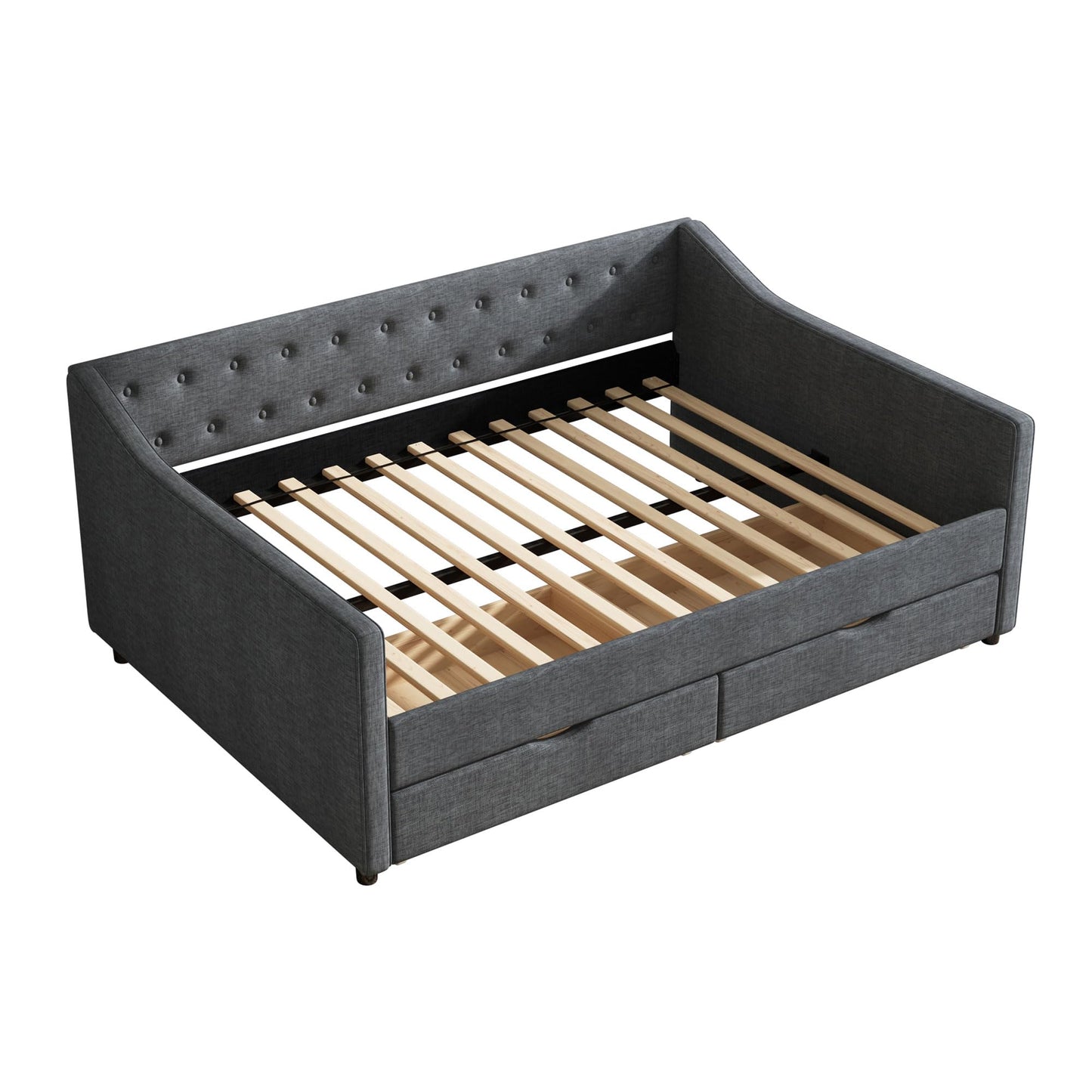 Ball & Cast Full Size Daybed with Two Storage Drawers,Linen Upholstered Day Bed Frame with Button Tufted and Waved Shape Arms, Wood Slat Support,No Box Spring Needed,Dark Grey
