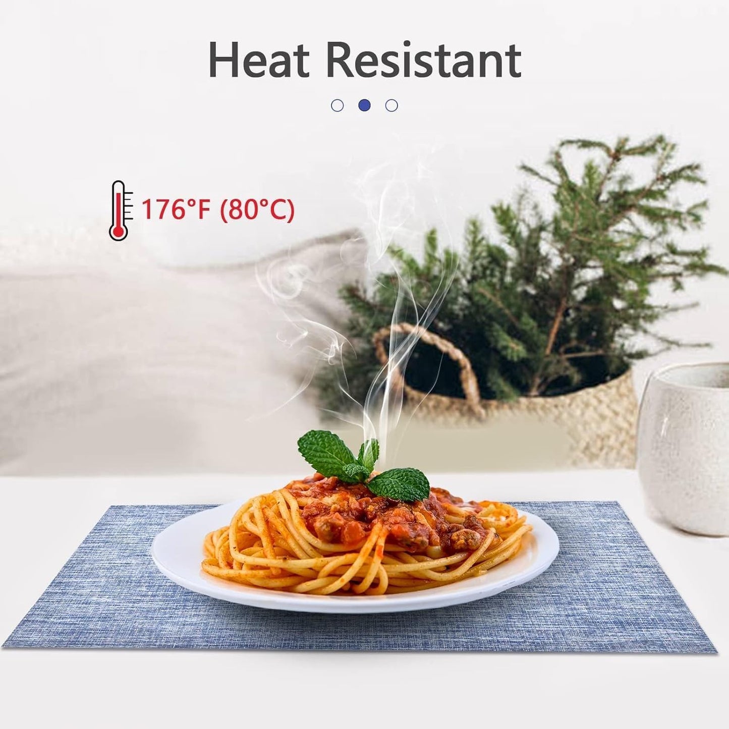 DACHUI Placemats Set of 6, Durable Water Resistant Linen Look Woven Table Mats, Washable, Blue
