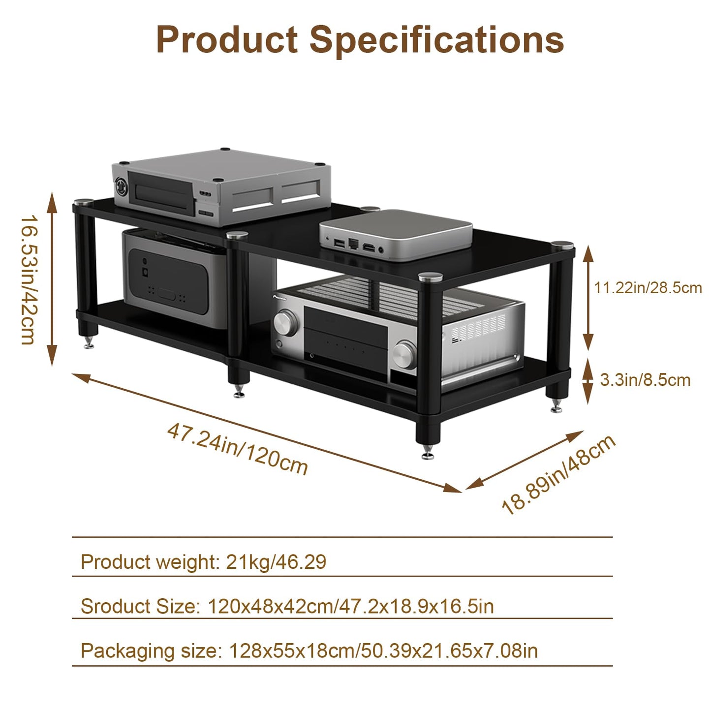 ZGZCQDSL 2 Tier Long AV Media Stand, Stereo Racks and Stands with Speaker Spikes, Components Cabinet Home Theatre CD Record Player Receiver Equipment Rack (Black, 2-Tier)