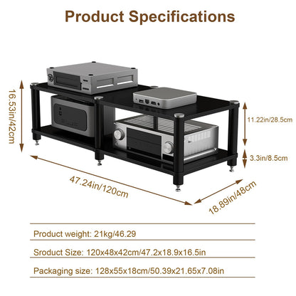 ZGZCQDSL 2 Tier Long AV Media Stand, Stereo Racks and Stands with Speaker Spikes, Components Cabinet Home Theatre CD Record Player Receiver Equipment Rack (Black, 2-Tier)