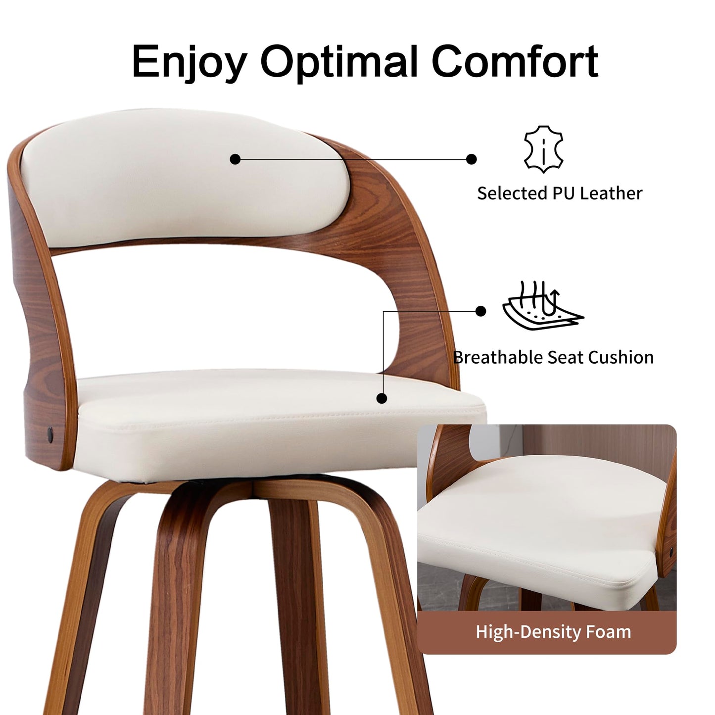 VipDesk Swivel Bar Stools Set of 2, Walnut Counter Height Bar Stools with Back and Arms, 26" Modern Faux Leather Upholstered Bar Chairs with Bentwood Frame for Kitchen Island Bar - White