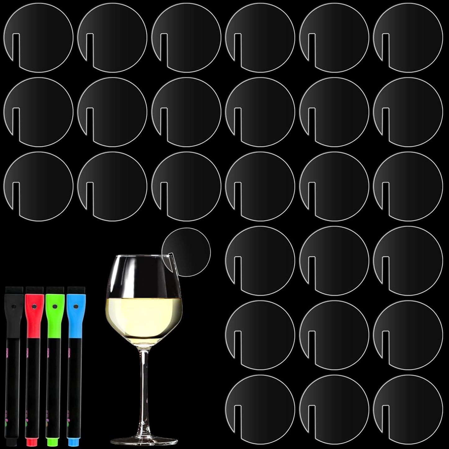 120 Pcs Acrylic Disc Drink Tags, Circle Cocktail Drinking Tags, DIY Wine Drink Names with 4 Highlighters