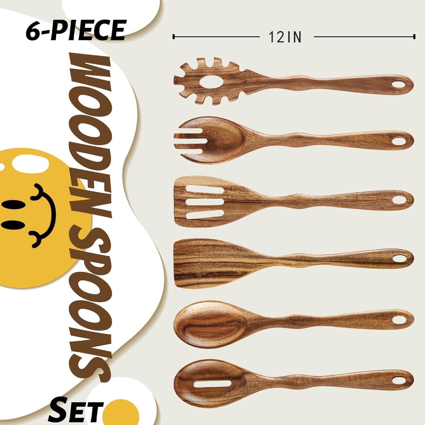 6 Piece Acacia Wood Cooking Spoons Set - Non Stick Wooden Utensils with Slotted Spoon, Salad Fork, Spatula, Pasta Server