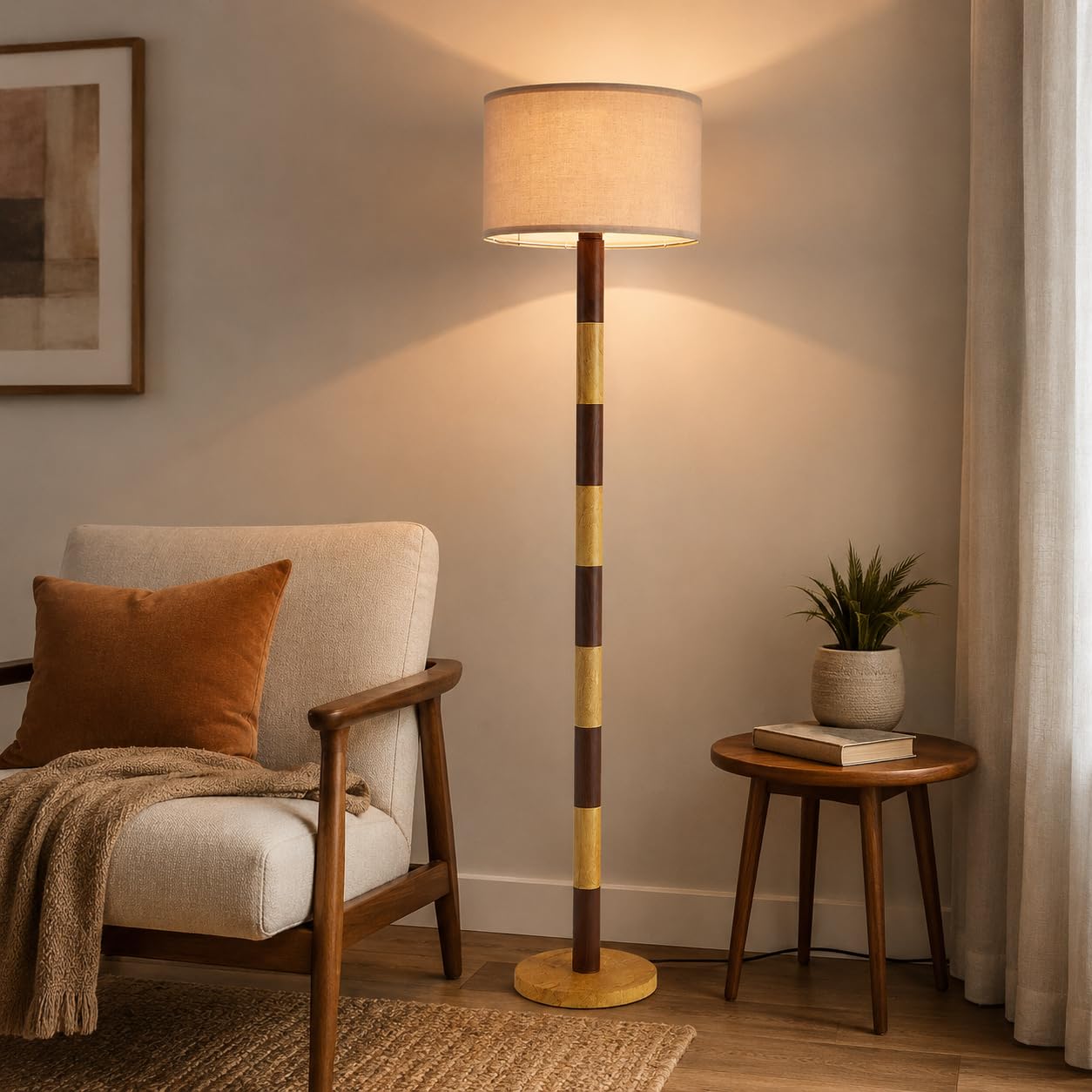 CozyCanyon 65" Wood Pattern Floor Lamp for Living Room, Dimmable Standing Lamp with Remote and Foot Switch, Rustic Tall Floor Lamp Linen Shade for Bedroom, Corner, Living Room, Home Decor.