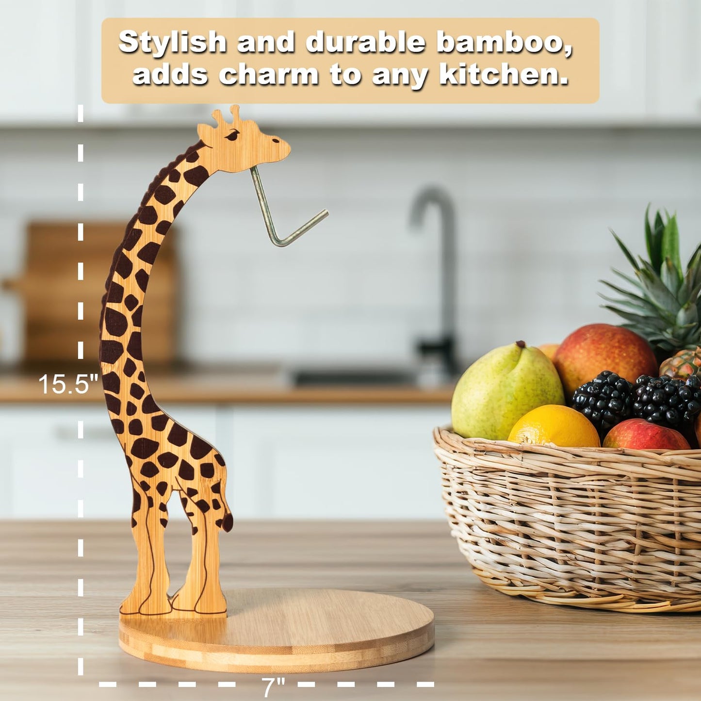 boxchess Giraffe Banana Holder Stand, Bamboo Banana Hanger with Stainless Steel Hook for Countertop or Under Cabinet – Decorative Banana Tree Fruit Holder for Even Ripening, Storage and Easy Access