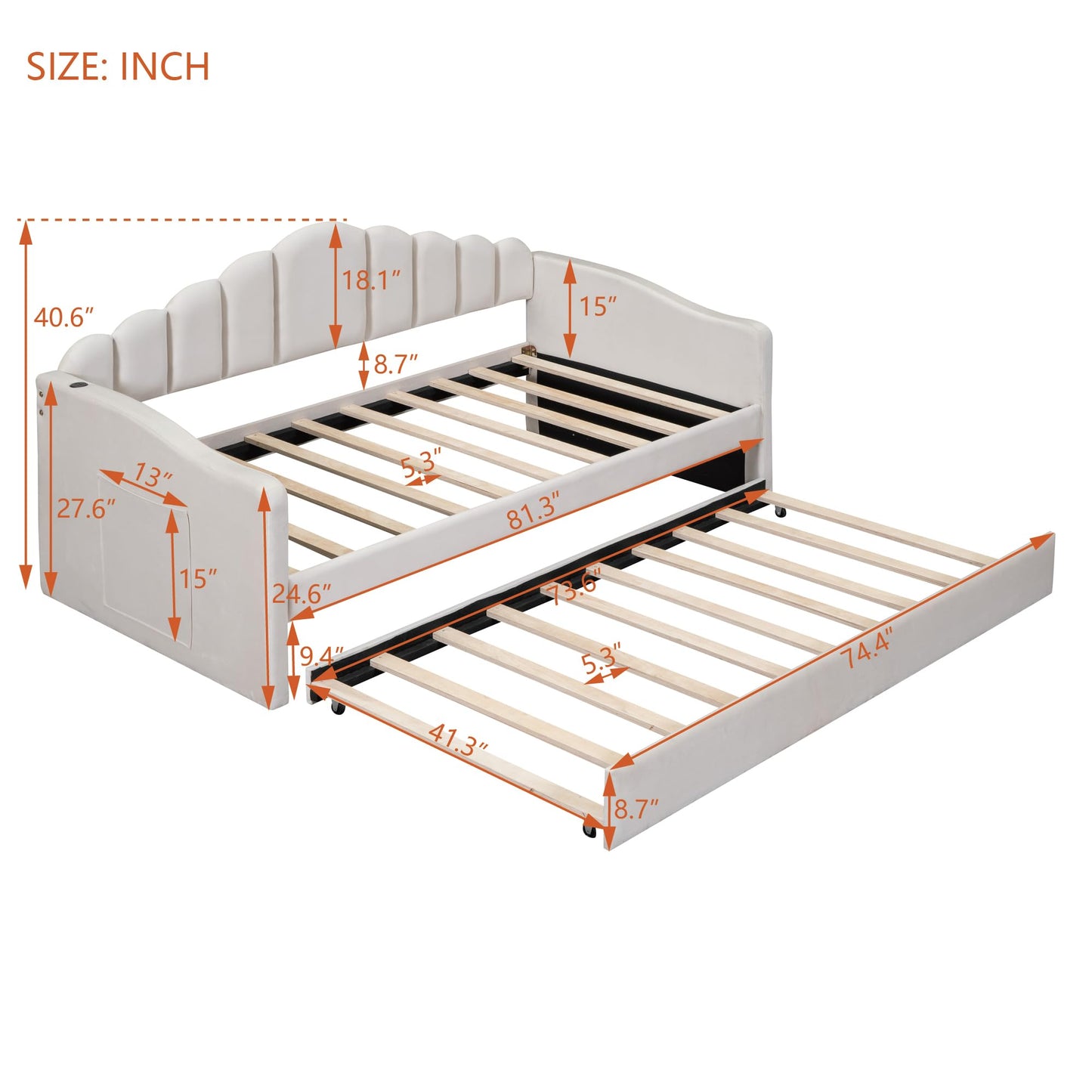 Ball & Cast Twin Daybed with Trundle and Channel Tufted Backrest,Velvet Upholstered Day Bed Frame with USB Charging Ports and 2 Side Pockets, Wood Slats Support,No Box Spring Needed,Beige