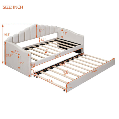 Ball & Cast Twin Daybed with Trundle and Channel Tufted Backrest,Velvet Upholstered Day Bed Frame with USB Charging Ports and 2 Side Pockets, Wood Slats Support,No Box Spring Needed,Beige