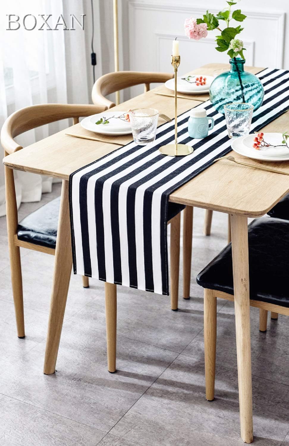 BOXAN Classic Black and White Striped Table Runner - 12'' X 48'' Elegant Cotton Canvas Decor for Wedding Party