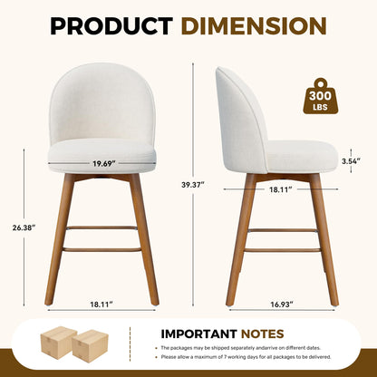 Daluvenix Modern Swivel Bar Stools Set of 3, Chic Upholstered Counter Height（26IN） Bar Chair with Back, Solid Wood Legs and Footrest, Comfortable Chenille Bar Stool for Kitchen Island, Cream White