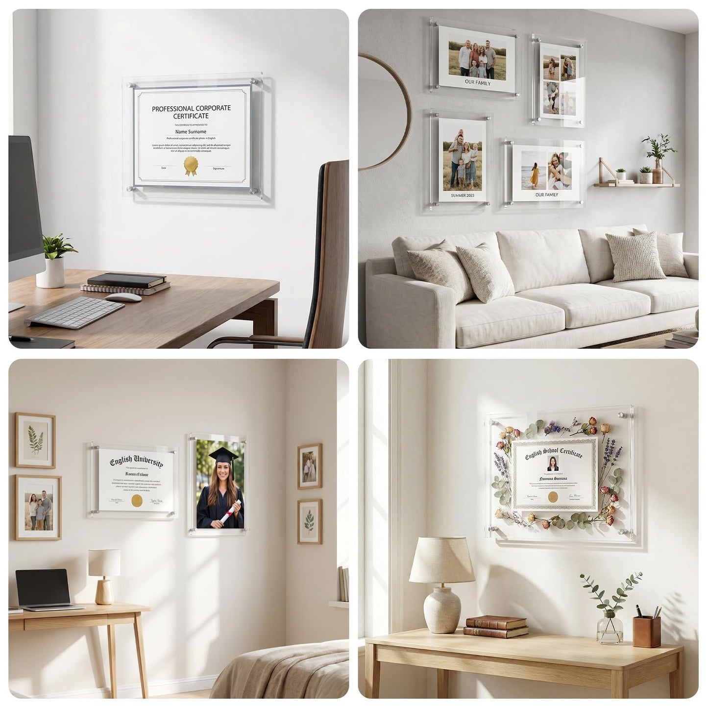 EHWINE 11x14 Acrylic Picture Frame Wall Mount 2 Pack, Floating Frameless Clear Photo Display, Certificate Diploma Poster Document Frame for Home, Office, School, Gallery Decor with Silver Hardware